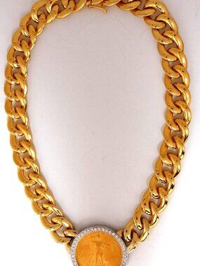 1908 LIBERTY FINE GOLD COIN 2.00CT DIAMONDS LINK NECKLACE*